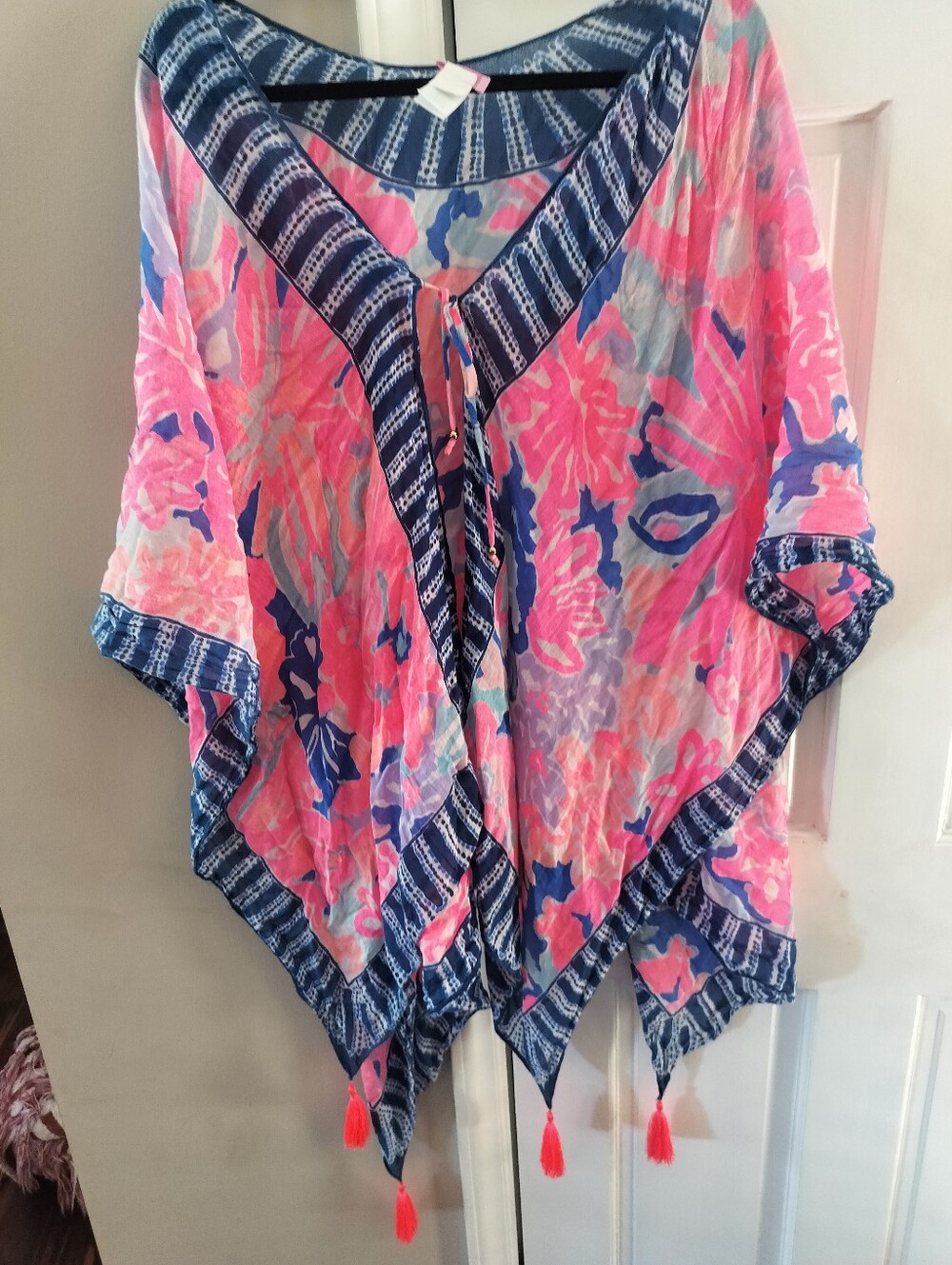 Lilly Pulitzer Floral Pink & Blue Women's V-Neck Kaftan Cover Up